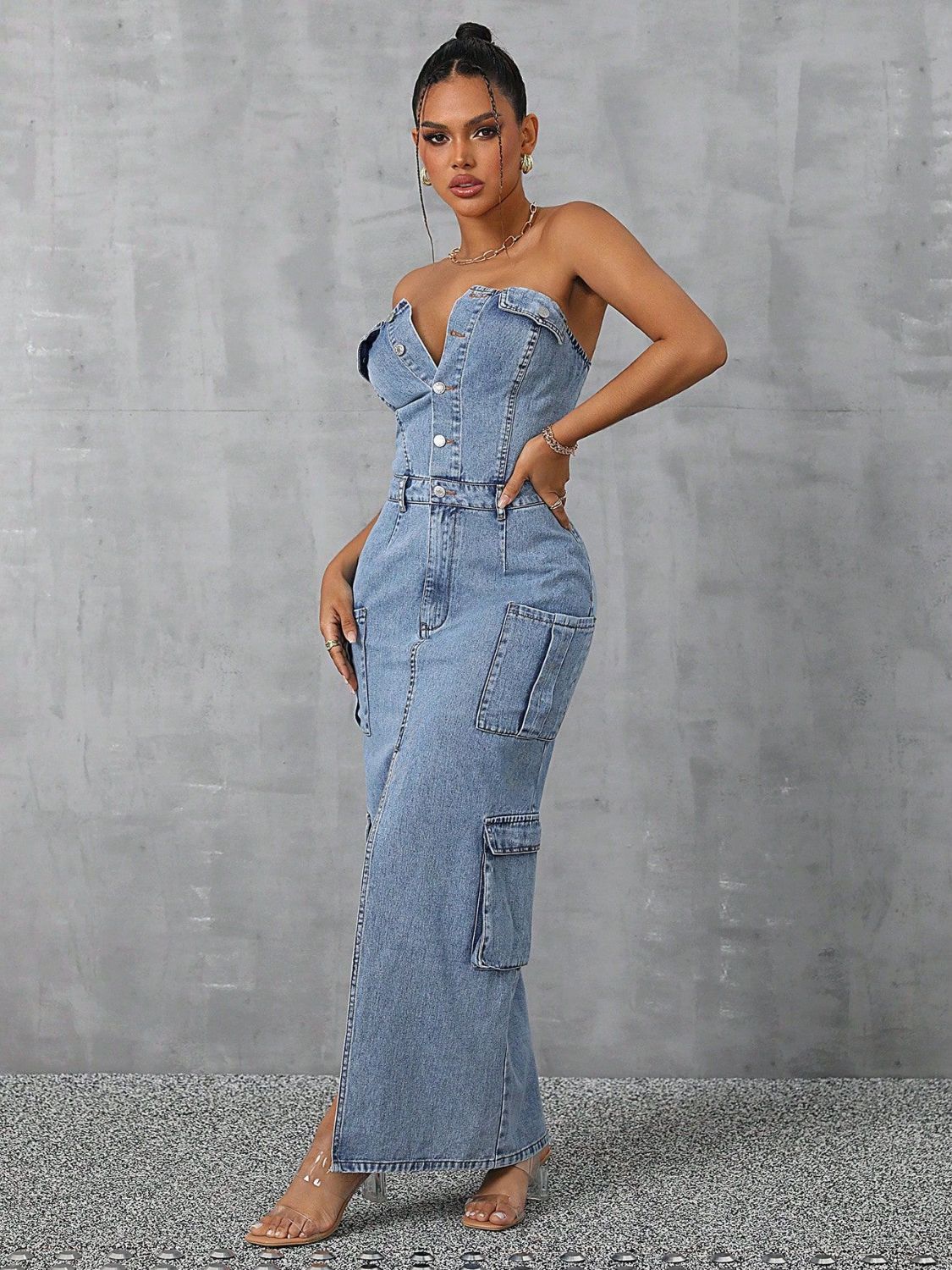 Slit Half Button Tube Denim Dress Trendsi