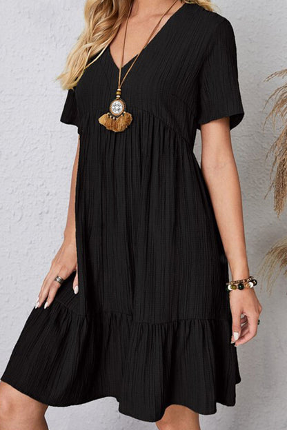 Full Size Ruched V-Neck Short Sleeve Dress Trendsi