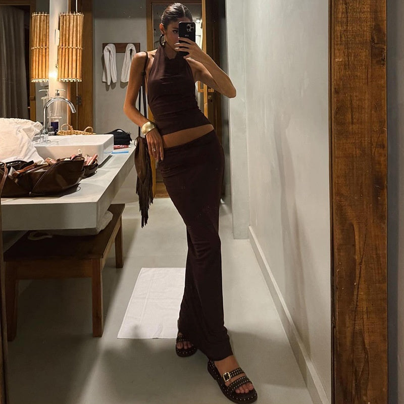 Halter Spaghetti Straps Vest Slim Fit Solid Skirt Suit Aclosy