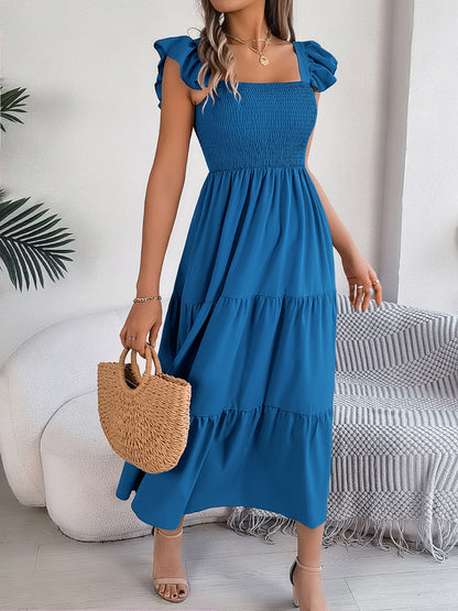 Smocked Square Neck Cap Sleeve Midi Dress Trendsi