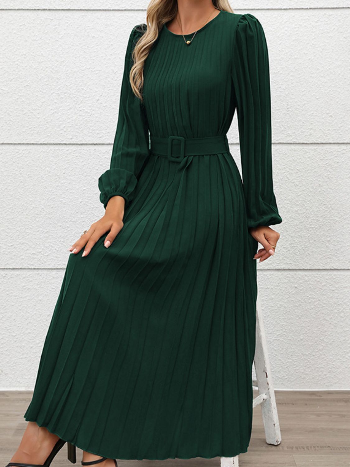 Perfee Pleated Round Neck Long Sleeve Midi Dress Trendsi