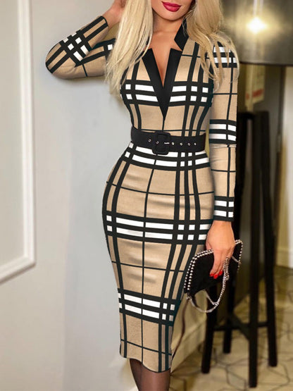 Printed Notched Long Sleeve Wrap Dress Trendsi