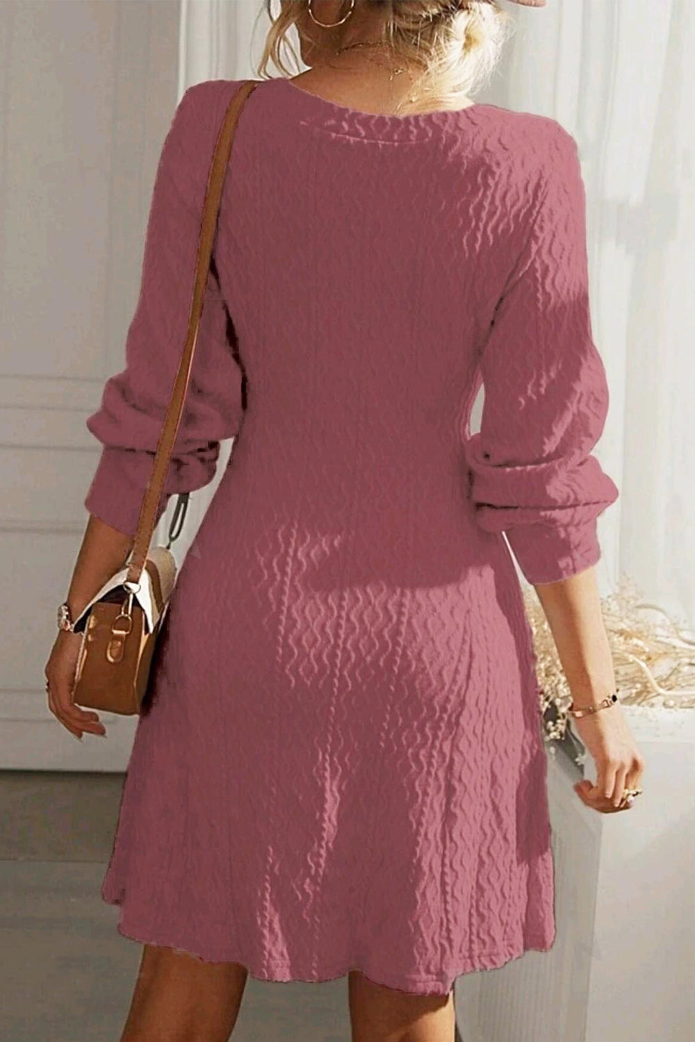 Texture V-Neck Long Sleeve Dress Trendsi