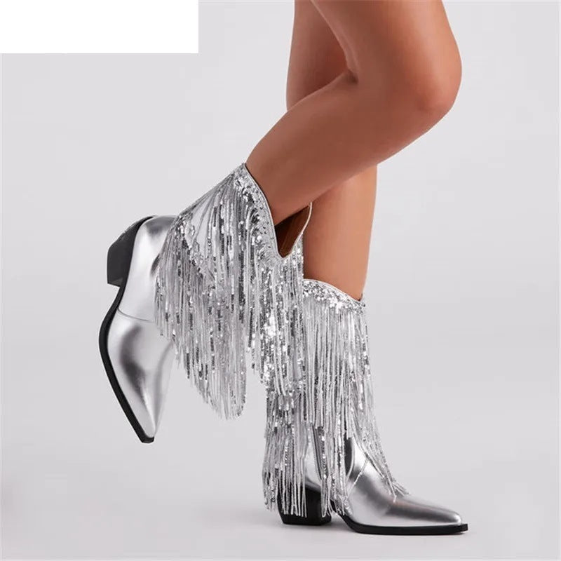 Cross-border Independent Station Fashion Runway Chunky Heel Tassel Boots Women's Shoes aclosy