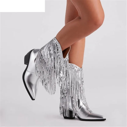 Cross-border Independent Station Fashion Runway Chunky Heel Tassel Boots Women's Shoes aclosy