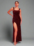 Slit Sequin Square Neck Wide Strap Dress