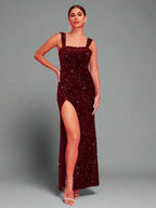 Slit Sequin Square Neck Wide Strap Dress