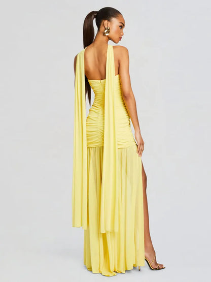 Maliya Halter Mesh Slit Maxi Dress