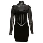 Sexy Turtleneck Flocking Mesh High Waist Tight-fitting Solid Color Sheath Dress aclosy