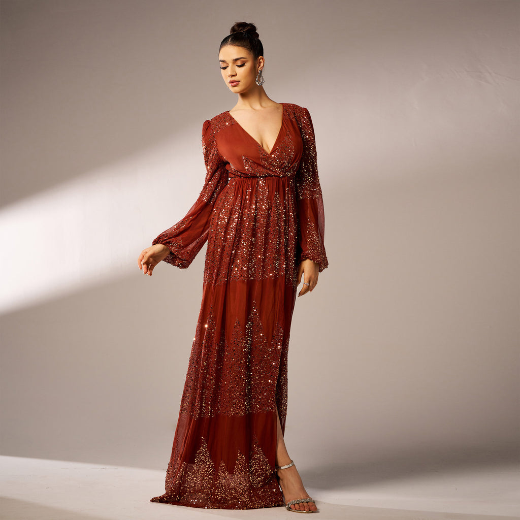 Rust sequin maxi dress three-quarter view