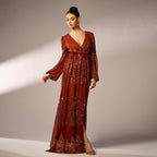 Rust sequin maxi dress three-quarter view