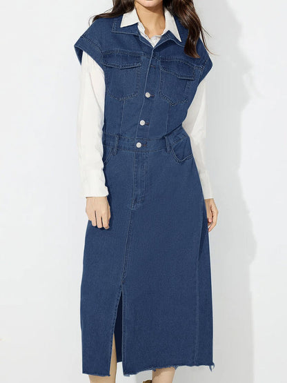 Slit Half Button Collared Neck Cap Sleeve Denim Dress Trendsi