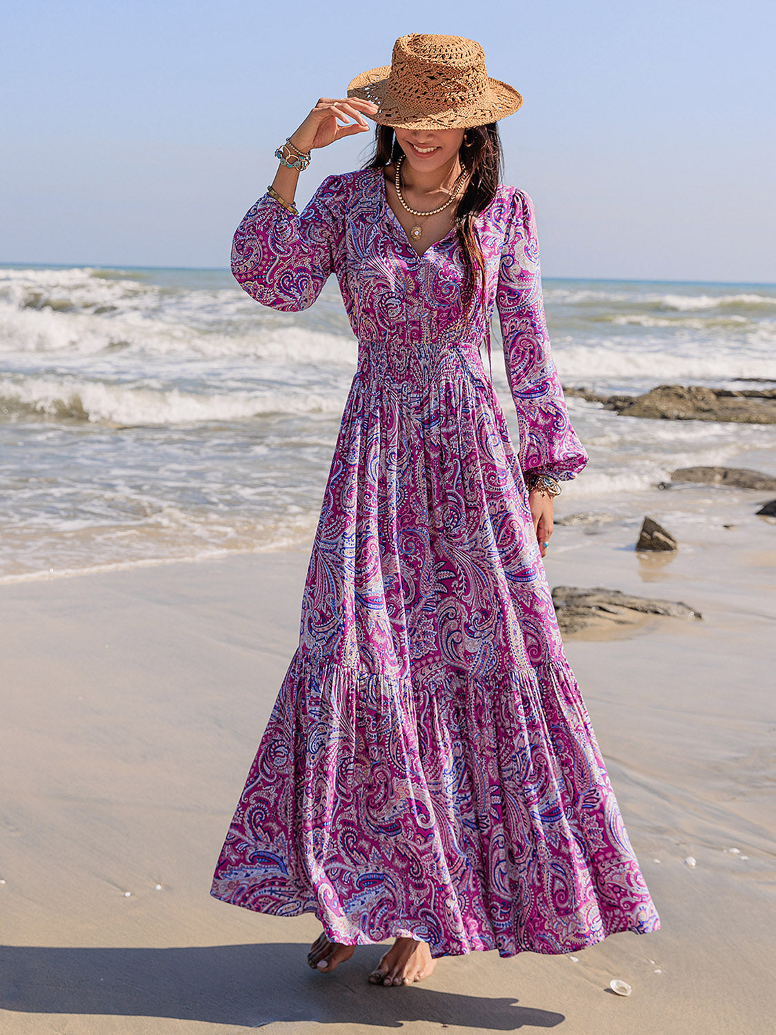 Printed Tie Neck Balloon Sleeve Maxi Dress Trendsi