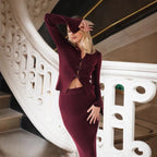 Square Collar Short Shirt Buckle  Burgundy Knitted Two-piece