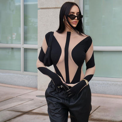 Sexy Mesh Perspective Stitching Long-sleeved Finger Sleeve Bodysuit Aclosy