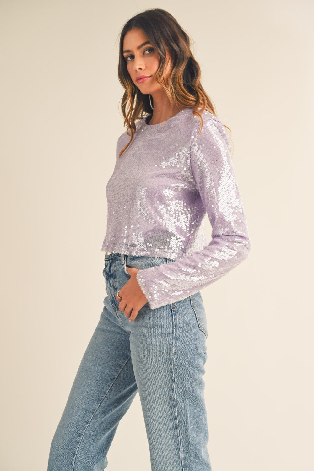 MABLE Shoulder Padded Sequin Crop Top Trendsi