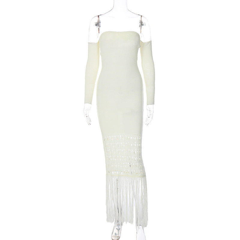 Elegant Slim-fit Tassel Dress With Long Sleeves aclosy