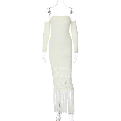 Elegant Slim-fit Tassel Dress With Long Sleeves aclosy