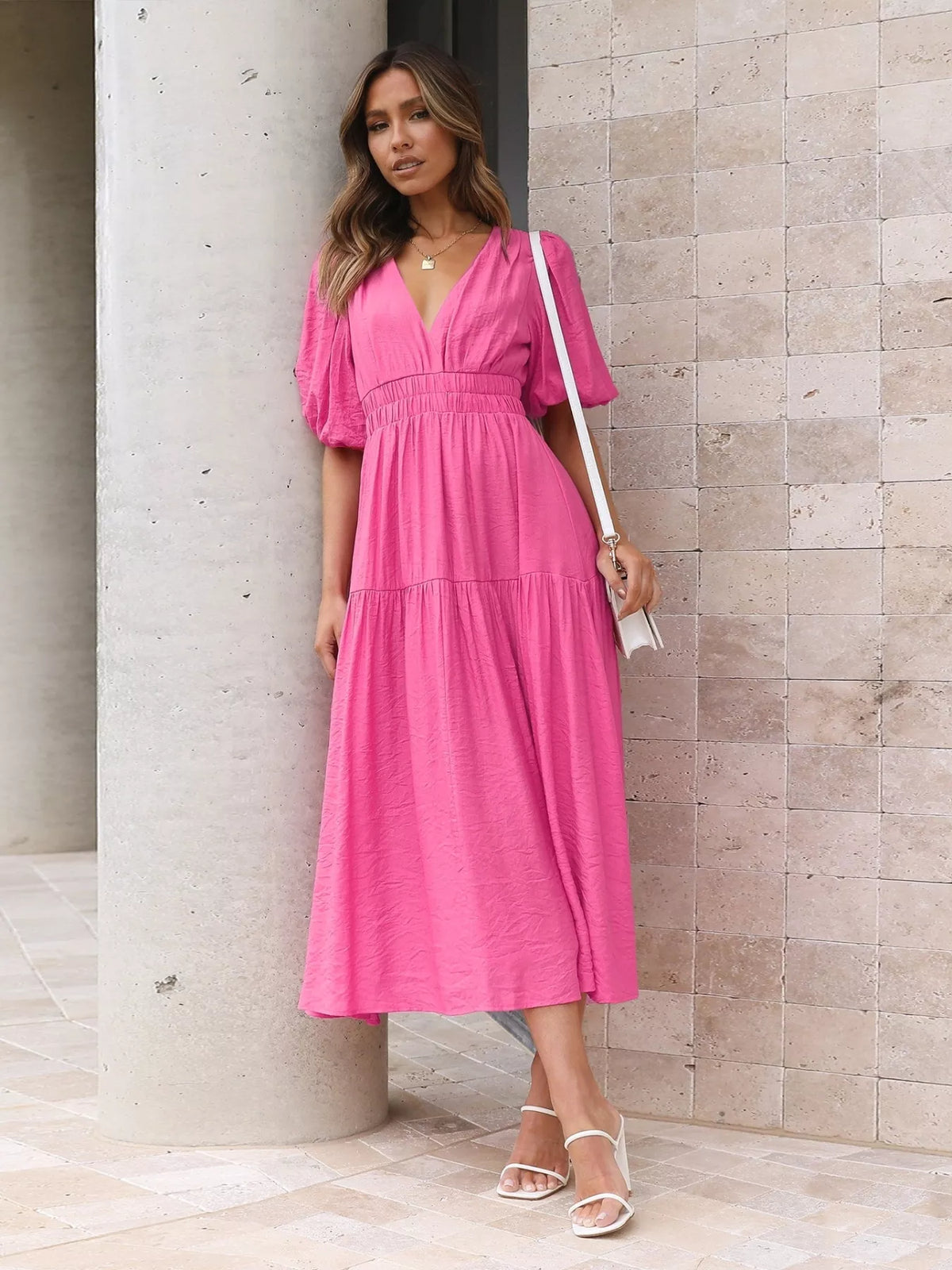 Tiered Puff Sleeve Midi Dress
