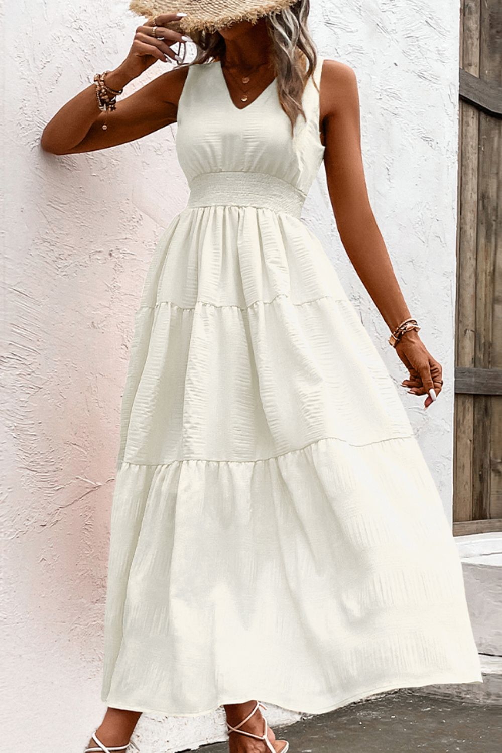 V-Neck Smocked Waist Sleeveless Tiered Dress Trendsi