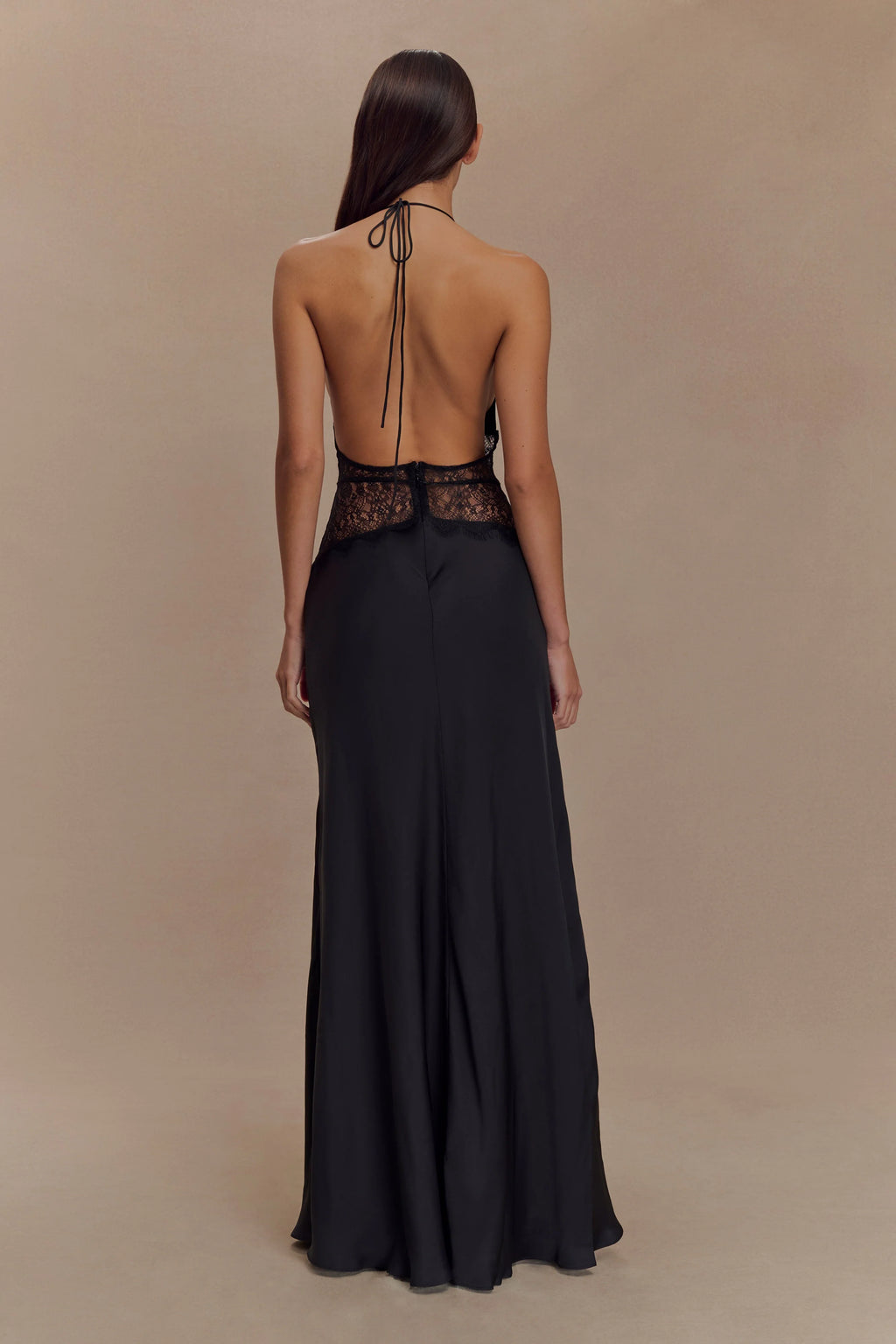 Aesha Backless Halter Dress with Deep V Neck, Satin Patchwork