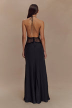 Aesha Backless Halter Dress with Deep V Neck, Satin Patchwork