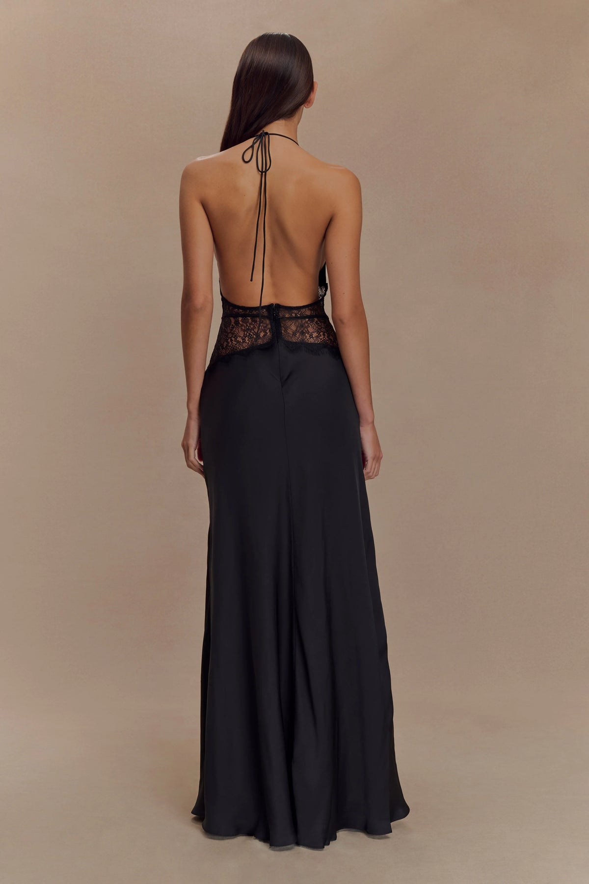 Aesha Backless Halter Dress with Deep V Neck, Satin Patchwork