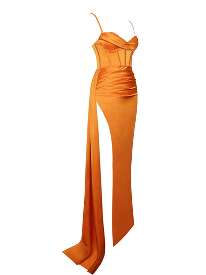 Backless V Spaghetti Straps Slimming Fishbone Sleeveless Long Slit Bandage One-piece Dress Aclosy