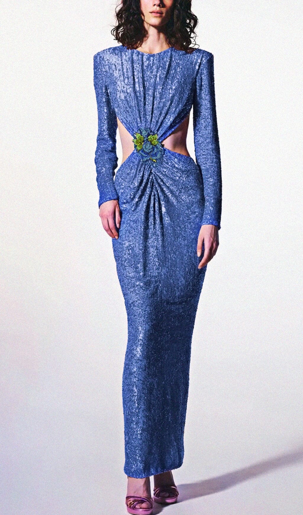 Lesya Round Neck Flower Waist Button Sequin Dress aclosy