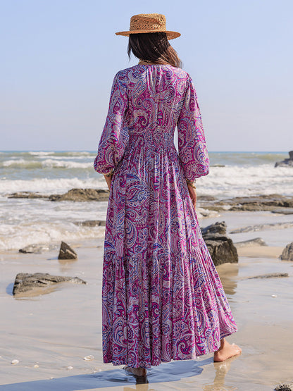 Printed Tie Neck Balloon Sleeve Maxi Dress Trendsi