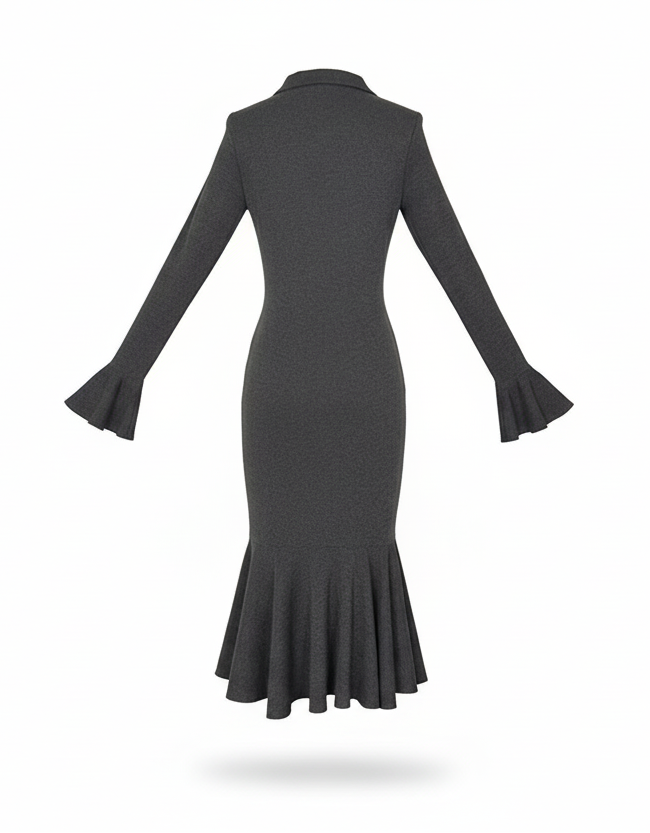 Aluna Half Zip Fishtail Hem Flared Sleeve Dress