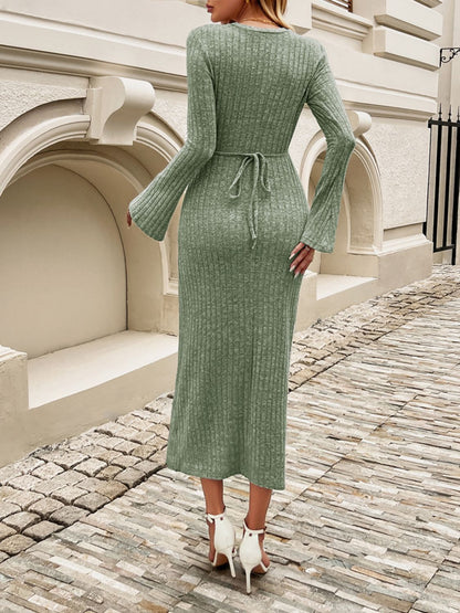 Devine Tied Round Neck Long Sleeve Midi Dress Trendsi