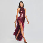 Feather Wine Red Sequined Halter Dress Aclosy