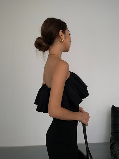 Black French Ruffle One-Shoulder Dress aclosy