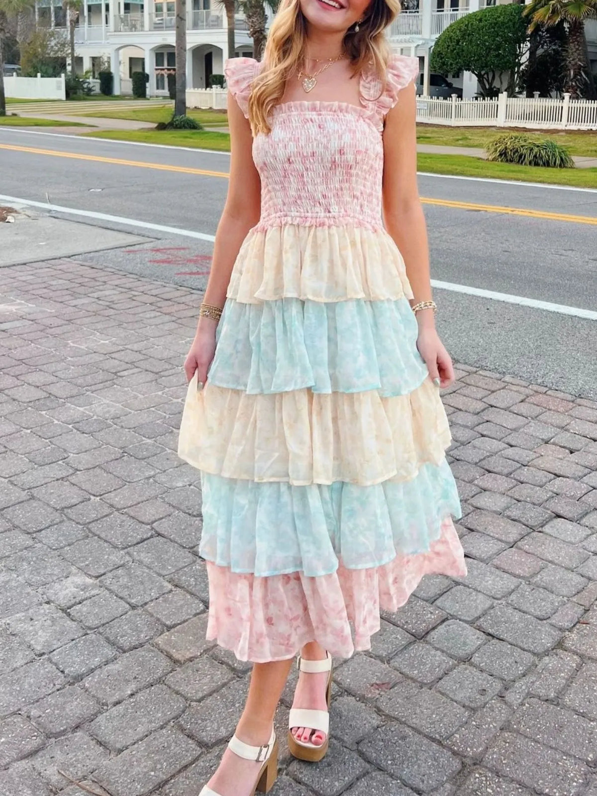Smocked Ruffle Layered Floral Midi Dress