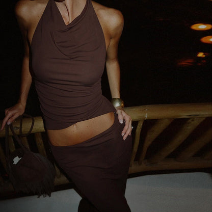 Halter Spaghetti Straps Vest Slim Fit Solid Skirt Suit Aclosy