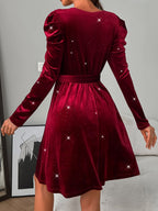 Glitter Round Neck Puff Sleeve Dress Trendsi