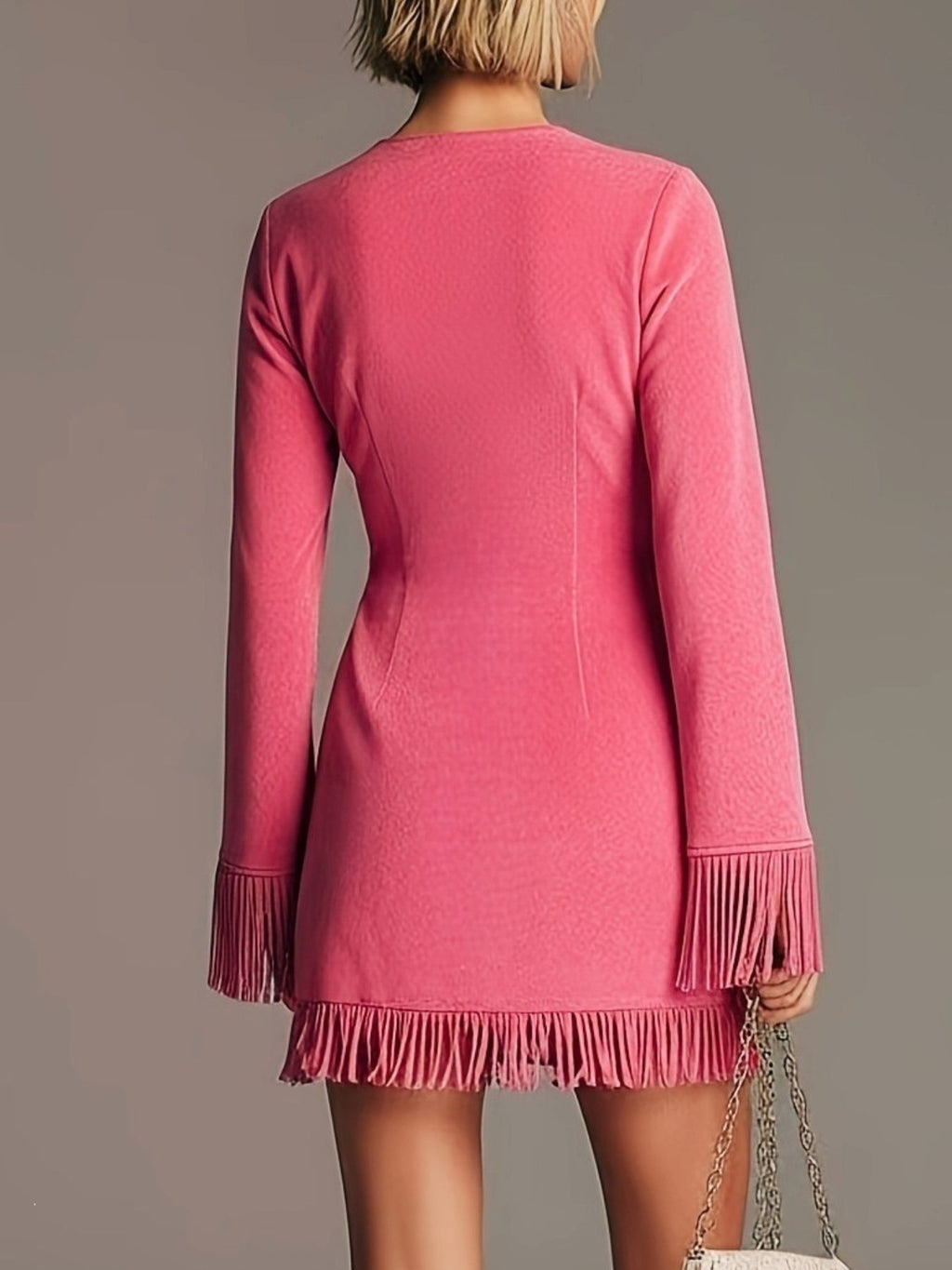 dakota fringe suede v-neck long sleeve mini dress in hot pink - back view
