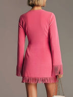 dakota fringe suede v-neck long sleeve mini dress in hot pink - back view