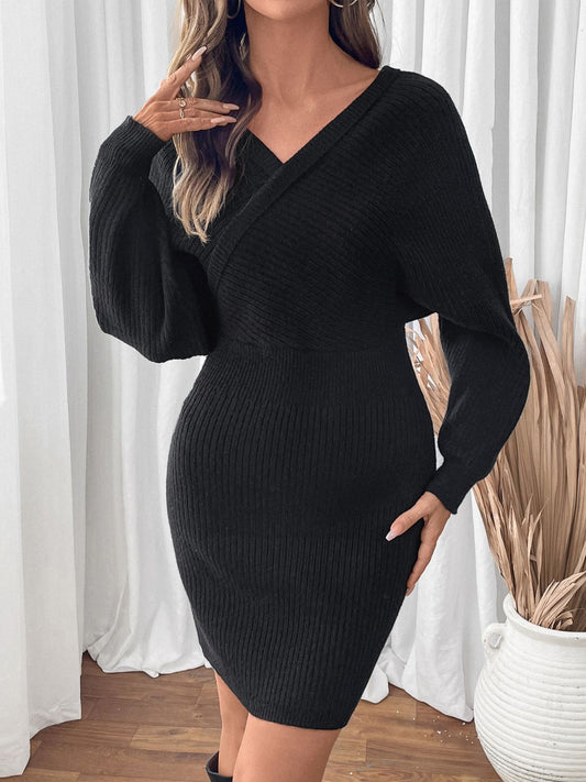 Perfee Surplice Long Sleeve Sweater Dress Trendsi