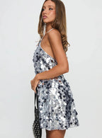 Alisia Mini Sequin Party Dress-Silver aclosy