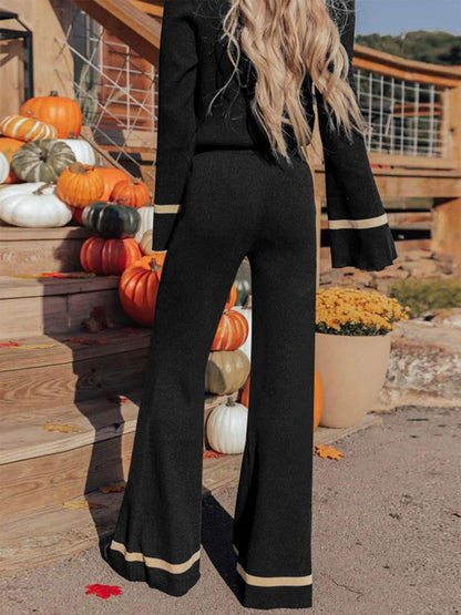 Perfee V-Neck Long Sleeve Top and Pants Set Trendsi