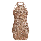 Backless Halter Sequins Mini Skirt Tight Ladies Party Dress Aclosy
