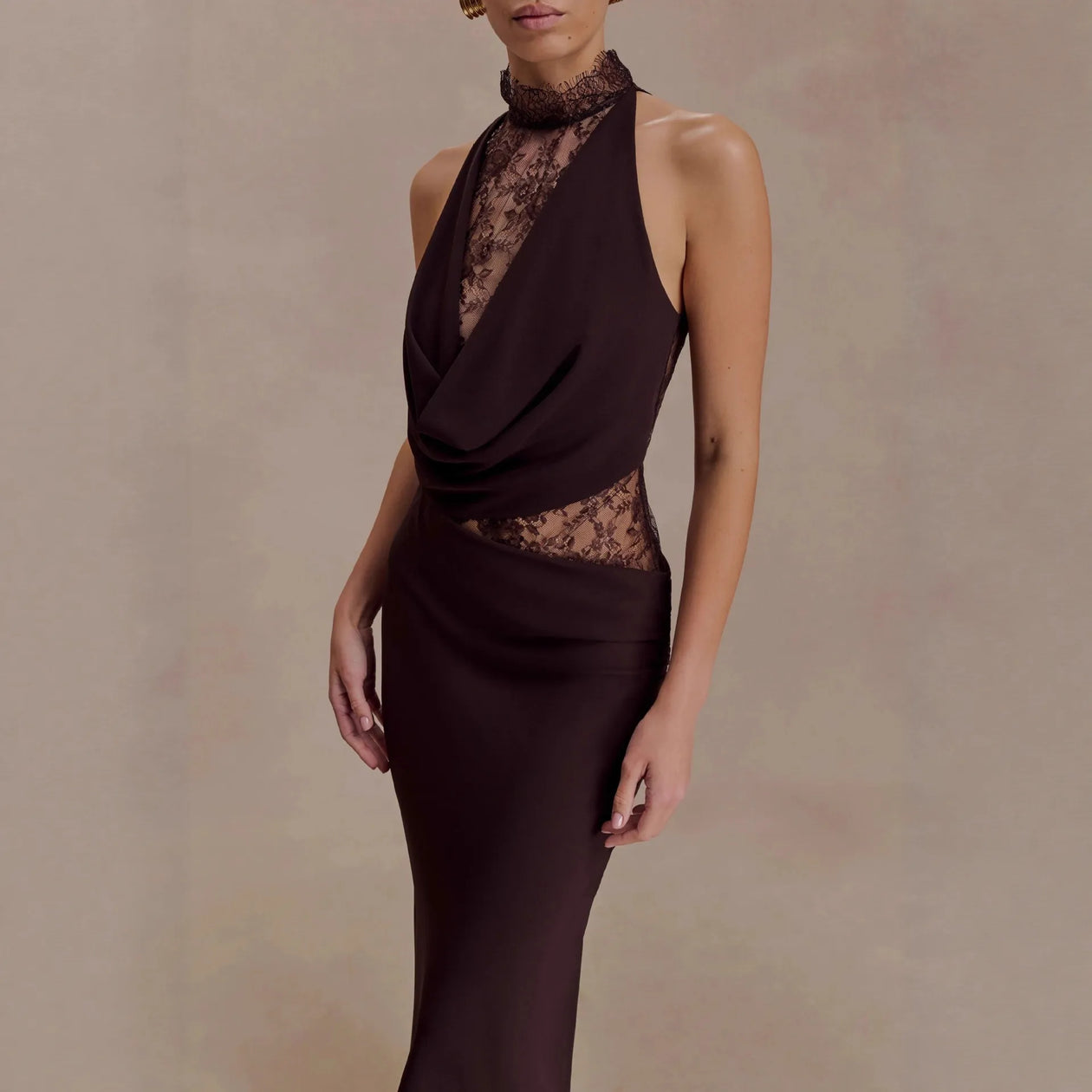 SAVANNAH TERRACOTTA HALTER LACE BODYCON MAXI DRESS – Aclosy