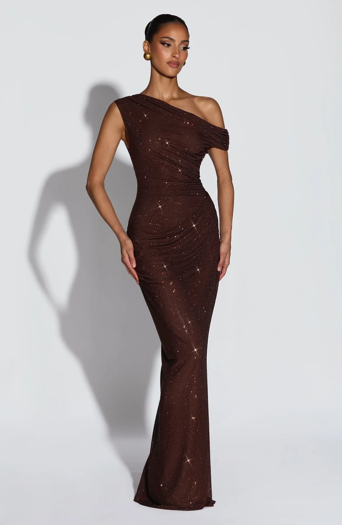 Celeste Shimmer Draped Off-Shoulder Maxi Gown