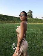 Champagne Banquet Dress Split Suspender Skirt Aclosy