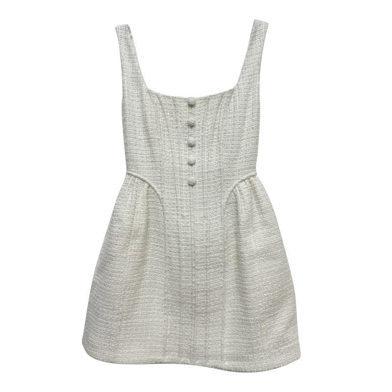 Ivory White Woven Tweed Sleeveless Waist Dress aclosy