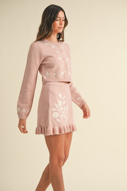 MABLE Floral Embroidered Crop Cardigan and Ruffled Mini Skirt Set Trendsi