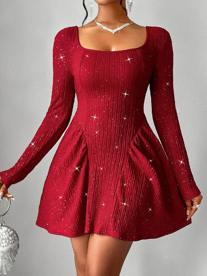 Backless Glitter Square Neck Long Sleeve Mini Dress Trendsi