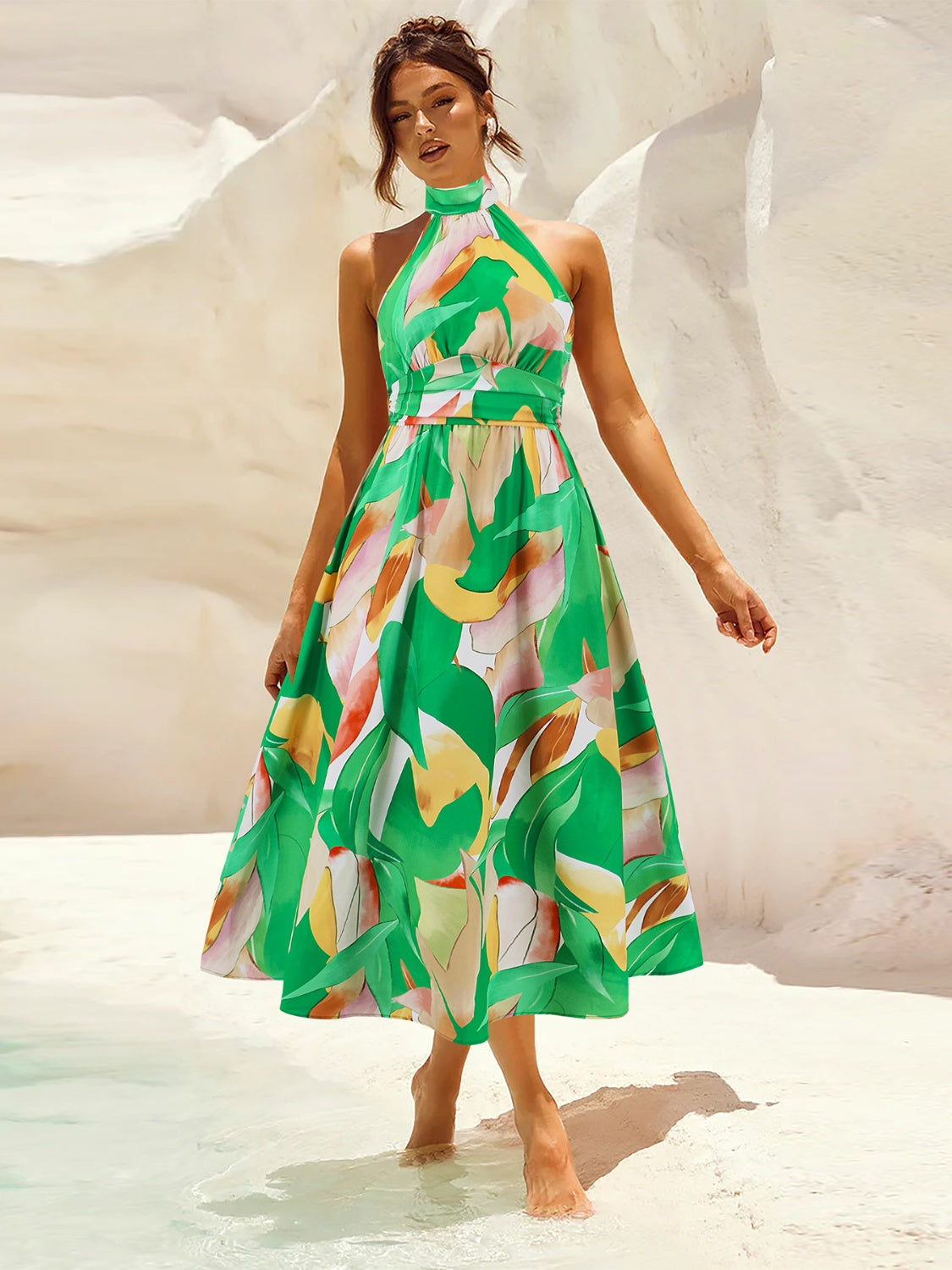 Ruched Printed Halter Neck Sleeveless Dress Trendsi